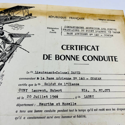 1946 WWII French Air Force Certificate of Good Conduct Dakar Air Base TD5