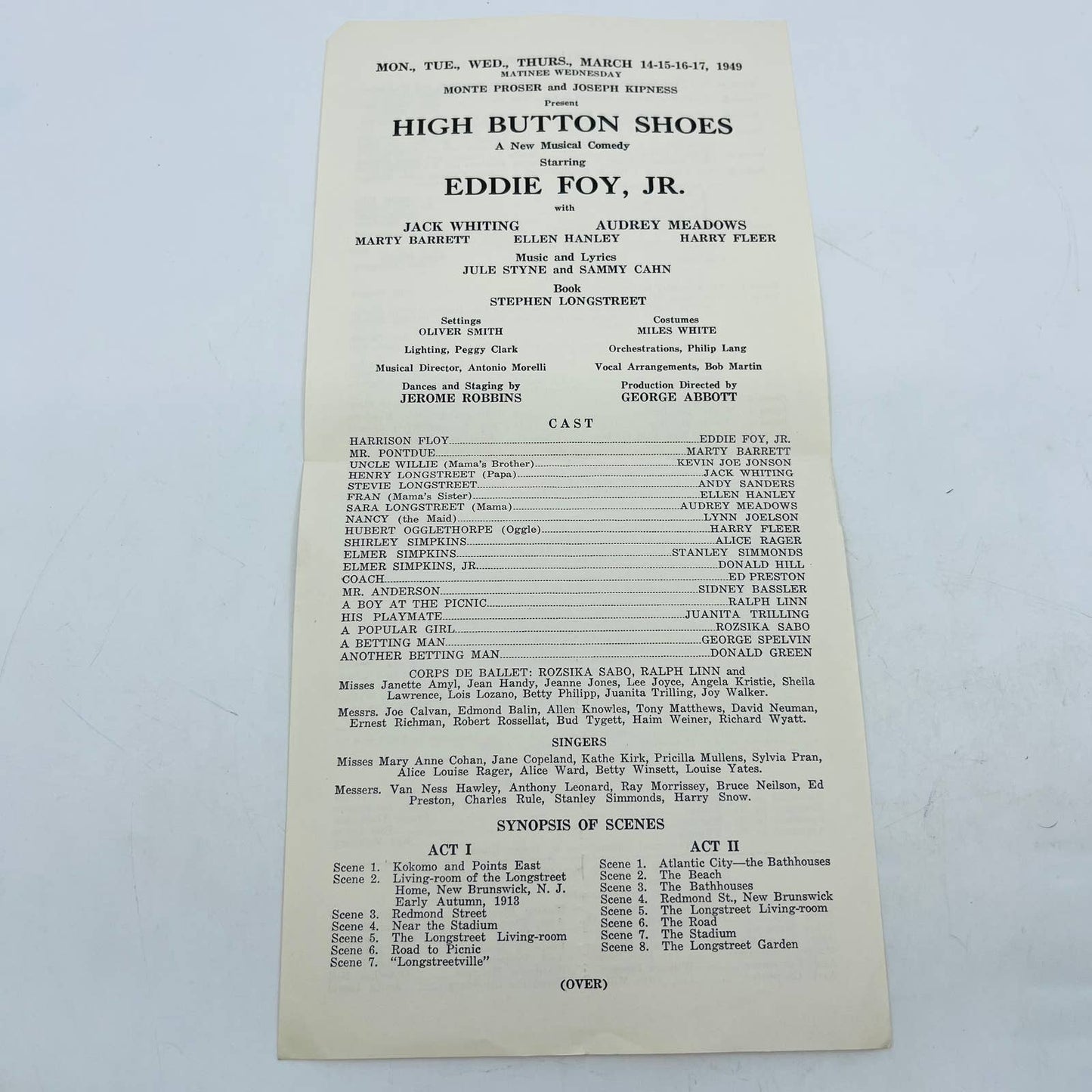 1949 Proser & Kipness Theatre Playbill HIGH BUTTON SHOES Meridian Indiana C7