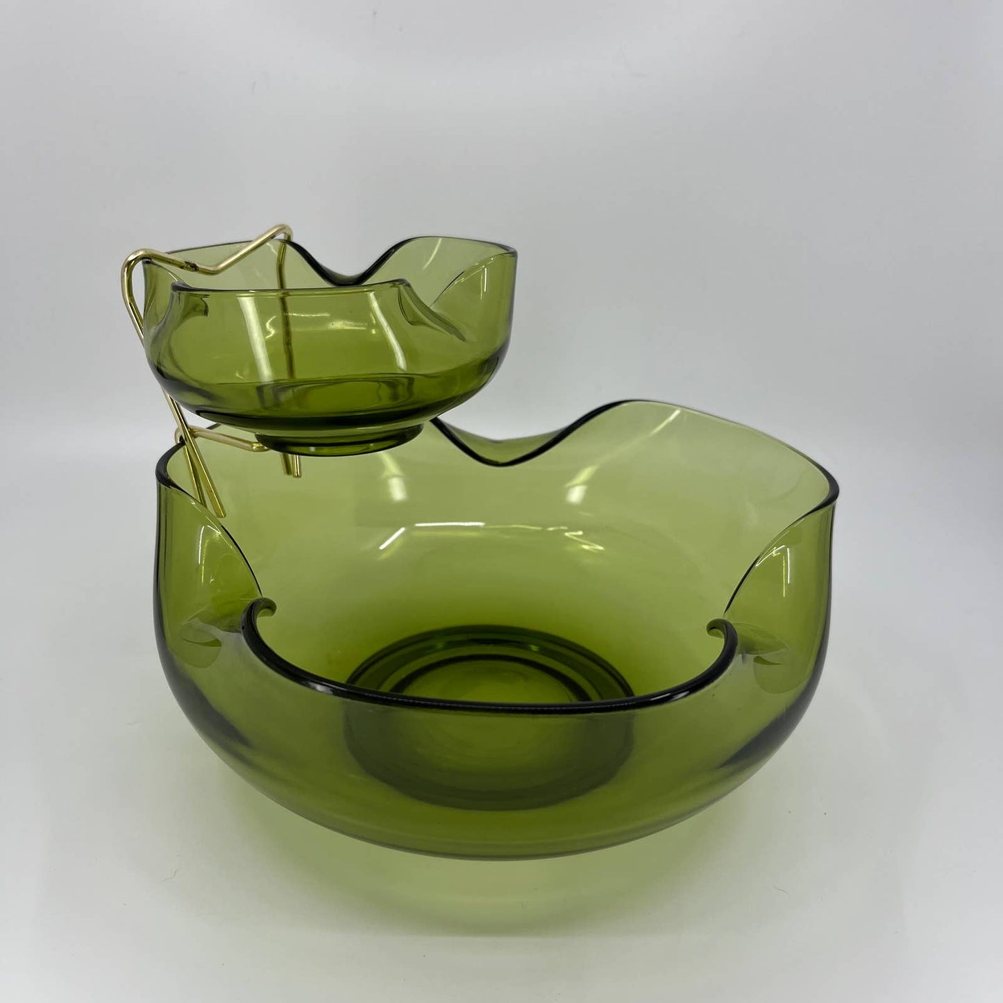 Vintage Anchor Hocking Pinched Avocado Green Glass Chip & Dip Set Bowl 9.25” TB3
