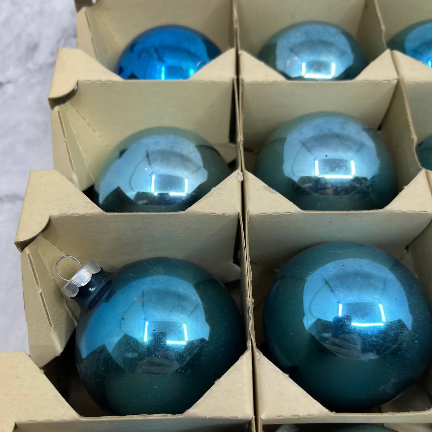 Shiny Brite 12 Vintage Mercury Glass Ornaments With Original Box Blue Turquoise