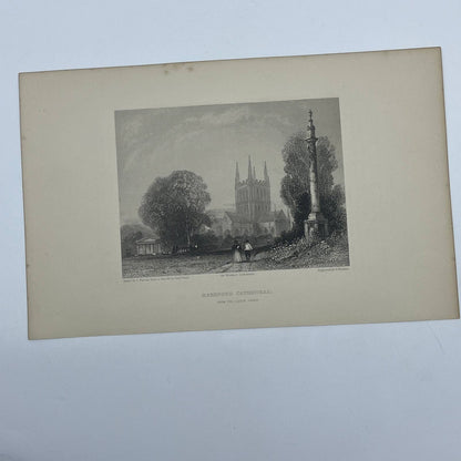 1842 Original Art Engraving Hereford Cathedral View From the Castle Green AC6