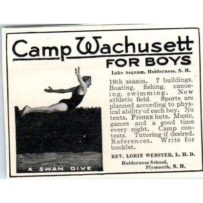 Camp Wachusett Lake Asquam Holderness NH Lorin Webster - 1921 Original Ad TJ7-S8