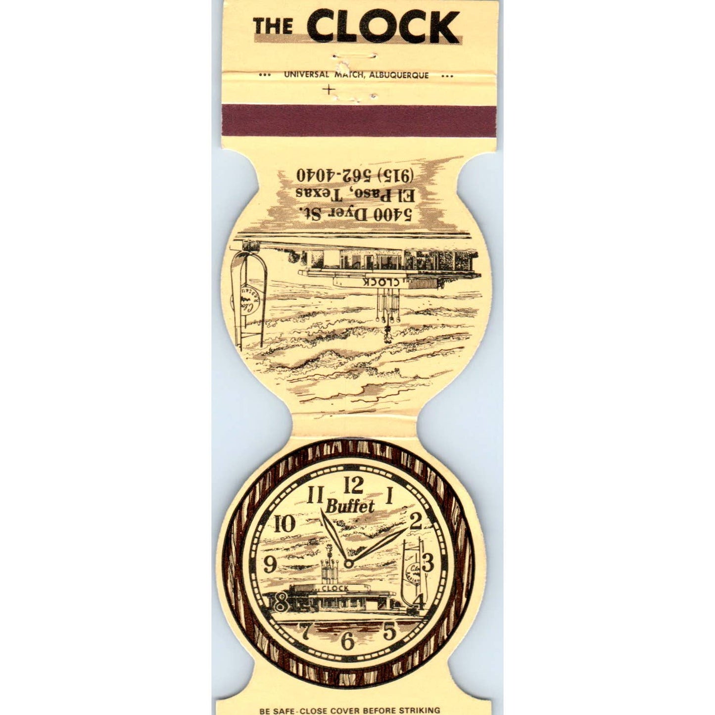 The Clock Buffet El Paso Texas Die Cut Advertising Matchbook Cover SA1-M3