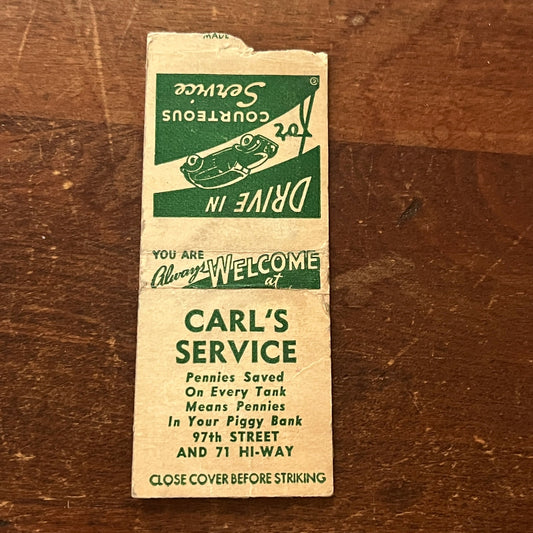 Carl's Service Station 1940s Advertising Matchbook Cover MM9-3
