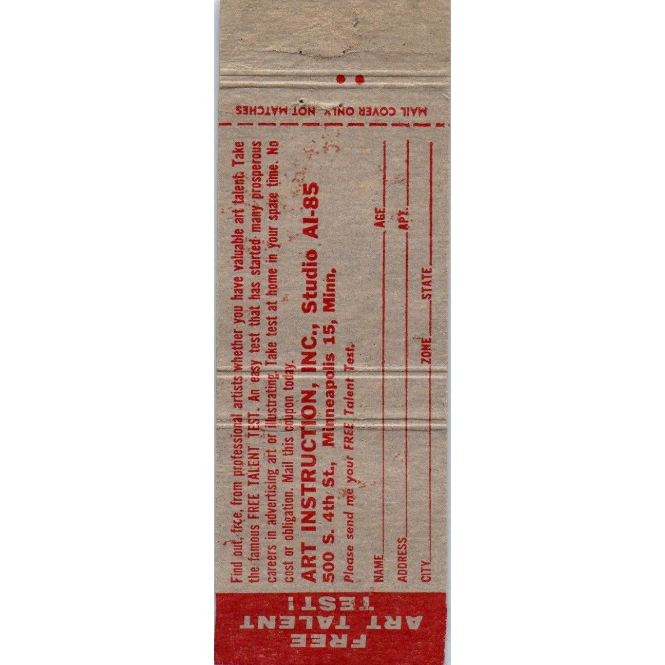 Free Art Talent Test - Illustrated Advertising Matchbook Cover MM9-2