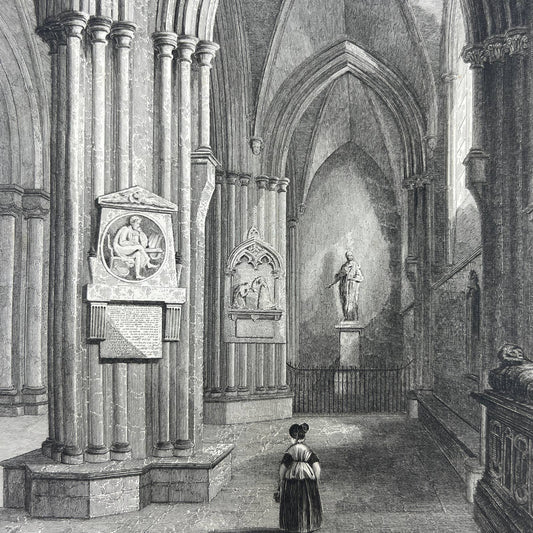 1836 Original Art Engraving Chichester Cathedral View of the Northern Aisle AC4