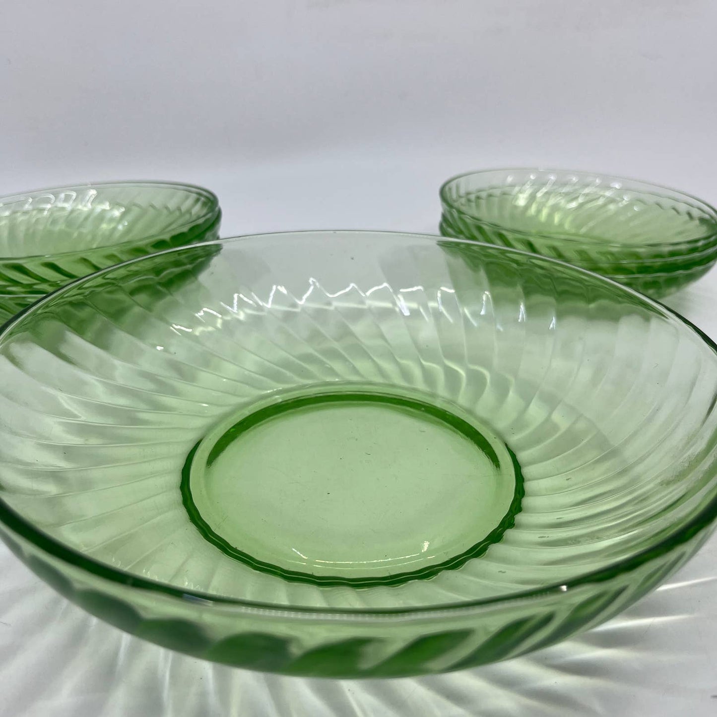 Federal Glass Uranium Glass Swirl Pattern Serving Bowl & Berry Bowl Set TI1