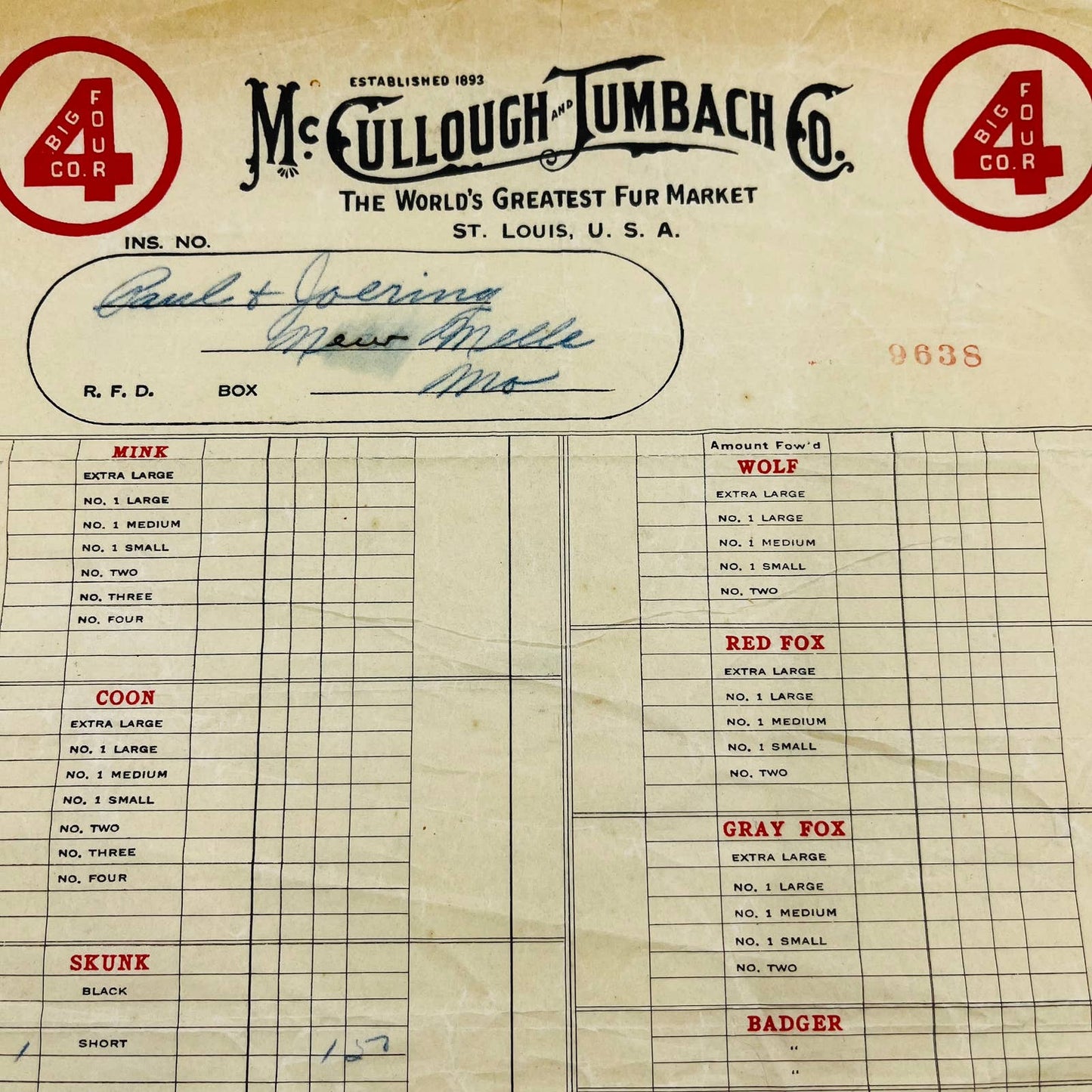 1920s McCullough & Tumbach Fur Co. St. Louis MO Letterhead Bill Invoice D5