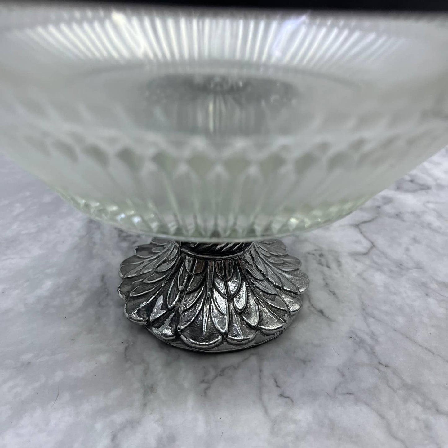 Vtg Pedestal Crystal Chip and Dip Bowl Set Fruit Bowl w/ Metal Rim & Base TE3