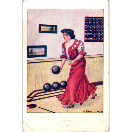 1908 Woman Bowling Earl Christy Sports Original Postcard P2-9