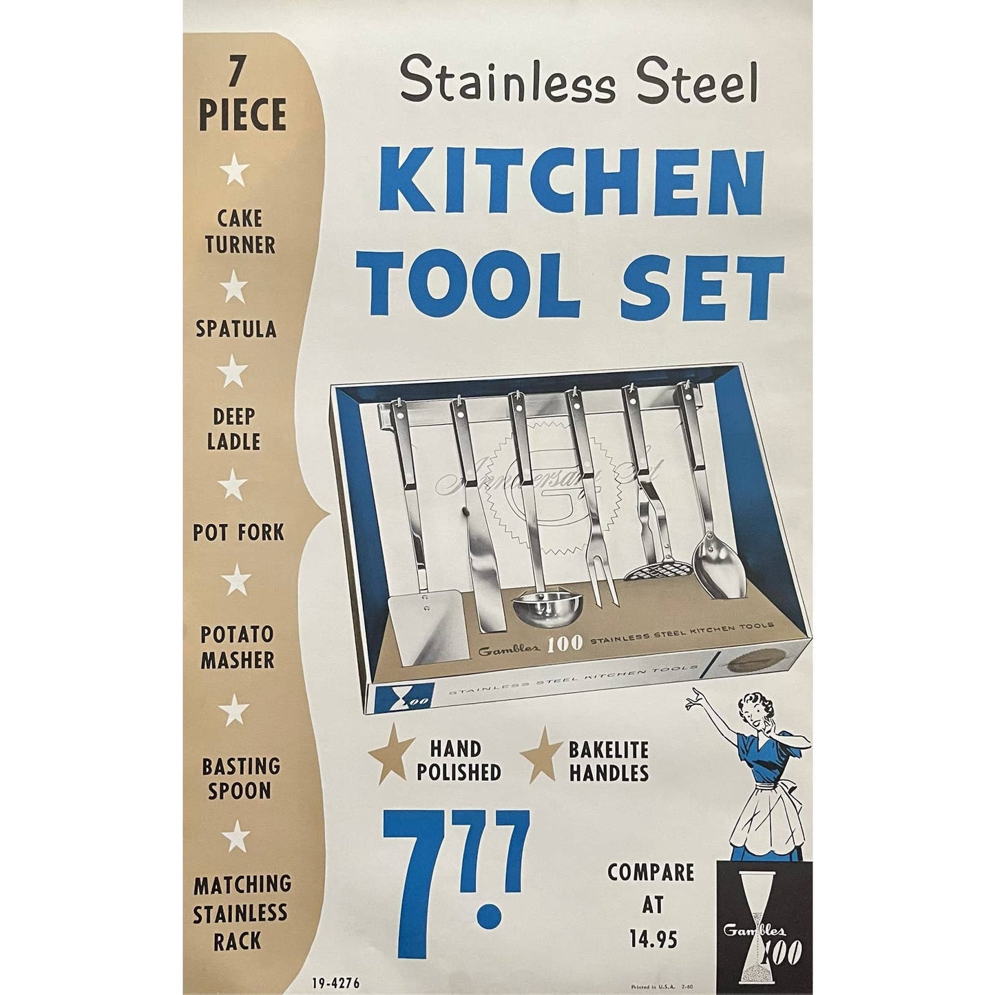 1960 Stainless Steel Kitchen Tool Set Gambles 100 Store Display Poster 13.5x20