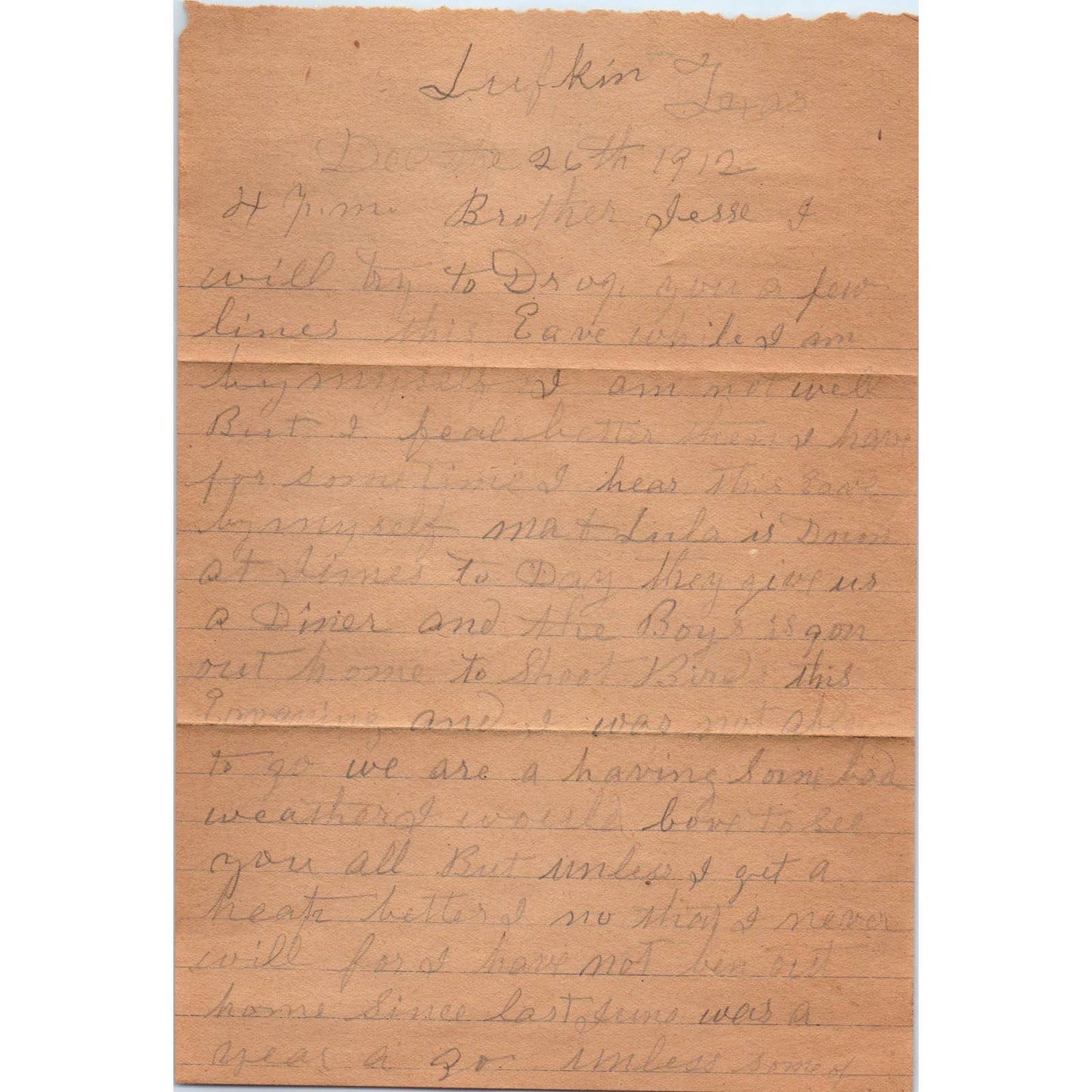 1912 Letter and Envelope W.A. Peavy Lufkin TX to J.M. Peavy Shreve AL AD6