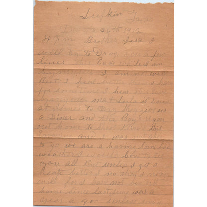 1912 Letter and Envelope W.A. Peavy Lufkin TX to J.M. Peavy Shreve AL AD6