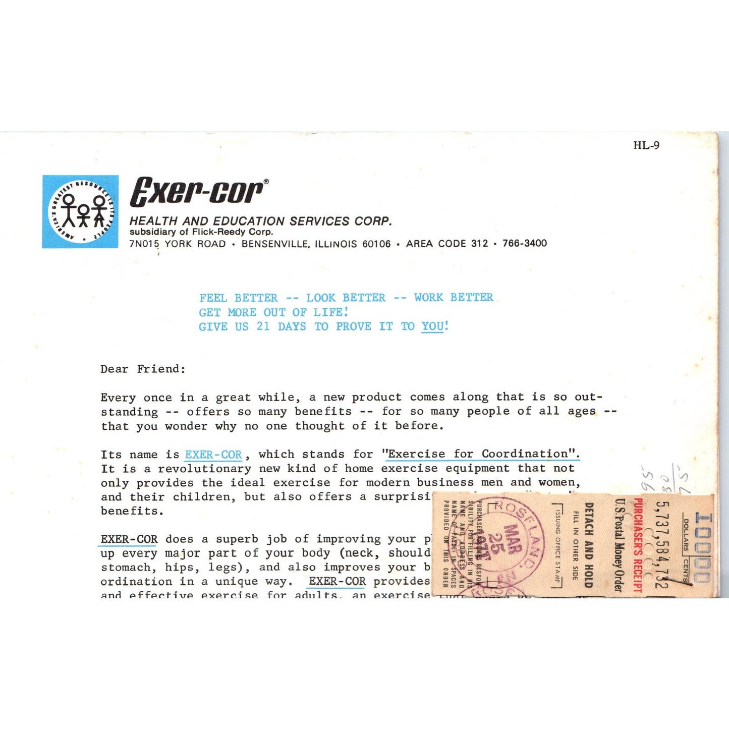 1971 Exer-Cor Health & Education Services Corp Leaflet Advertisement SE3