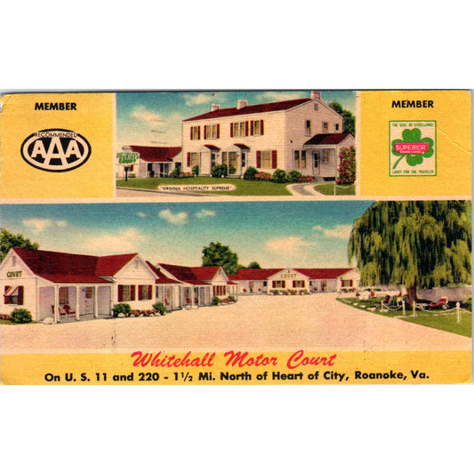 Whitehall Motor Court Roanoke VA D.W. Moomaw 1952 - Original Postcard TJ7-RP2