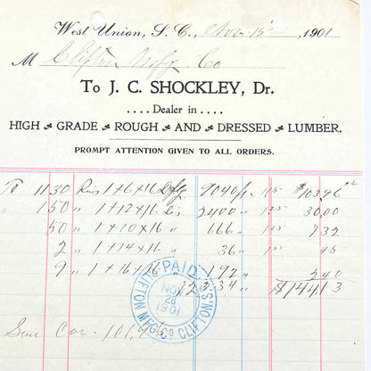 1901 Dr. J.C. Shockley Lumber Dealer Letterhead  West Union SC AB9