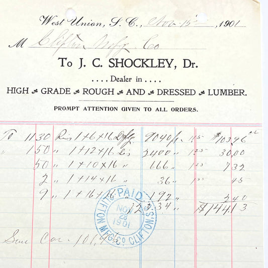 1901 Dr. J.C. Shockley Lumber Dealer Letterhead  West Union SC AB9