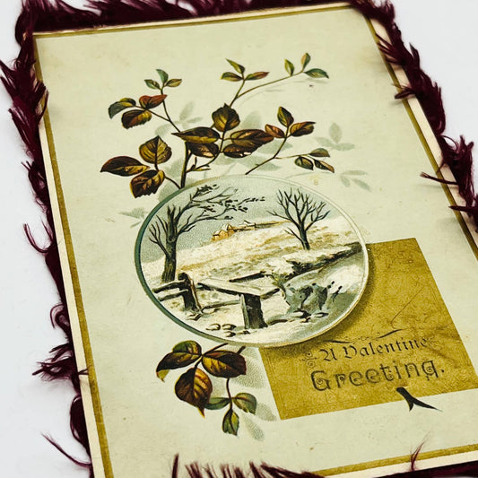 Antique Victorian Valentine’s Card Purple Silk Fringe Double Sided Dresden EA1