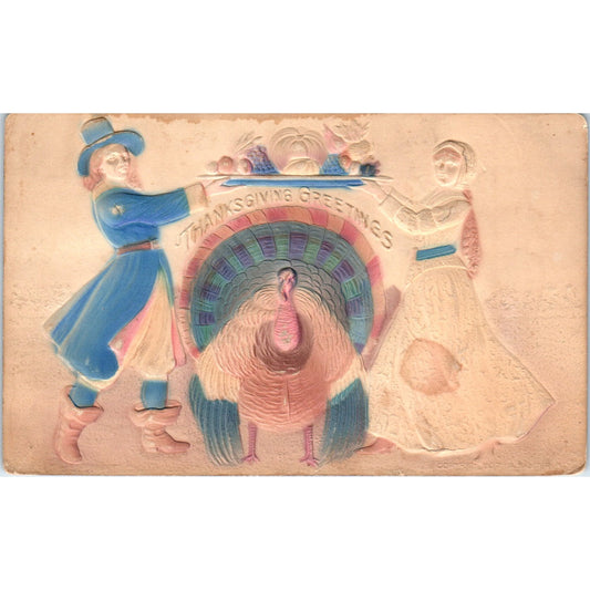 Thanksgiving Turkey & Pilgrim Embossed Air Brushed 1908 Original Postcard P1-14