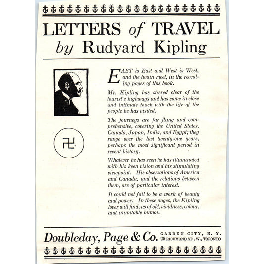 c1920 Harper's Ad - Letters of Travel Rudyard Kipling Doubleday Page & Co TF6-1