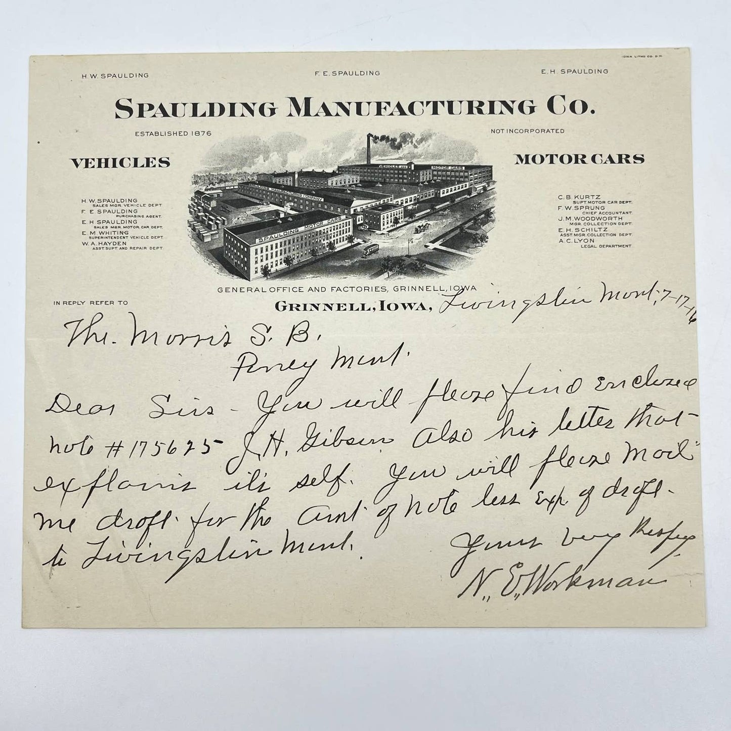 1916 Spaulding Mfg. Co. Vehicles & Motorcars Letterhead Grinnell IA AB5