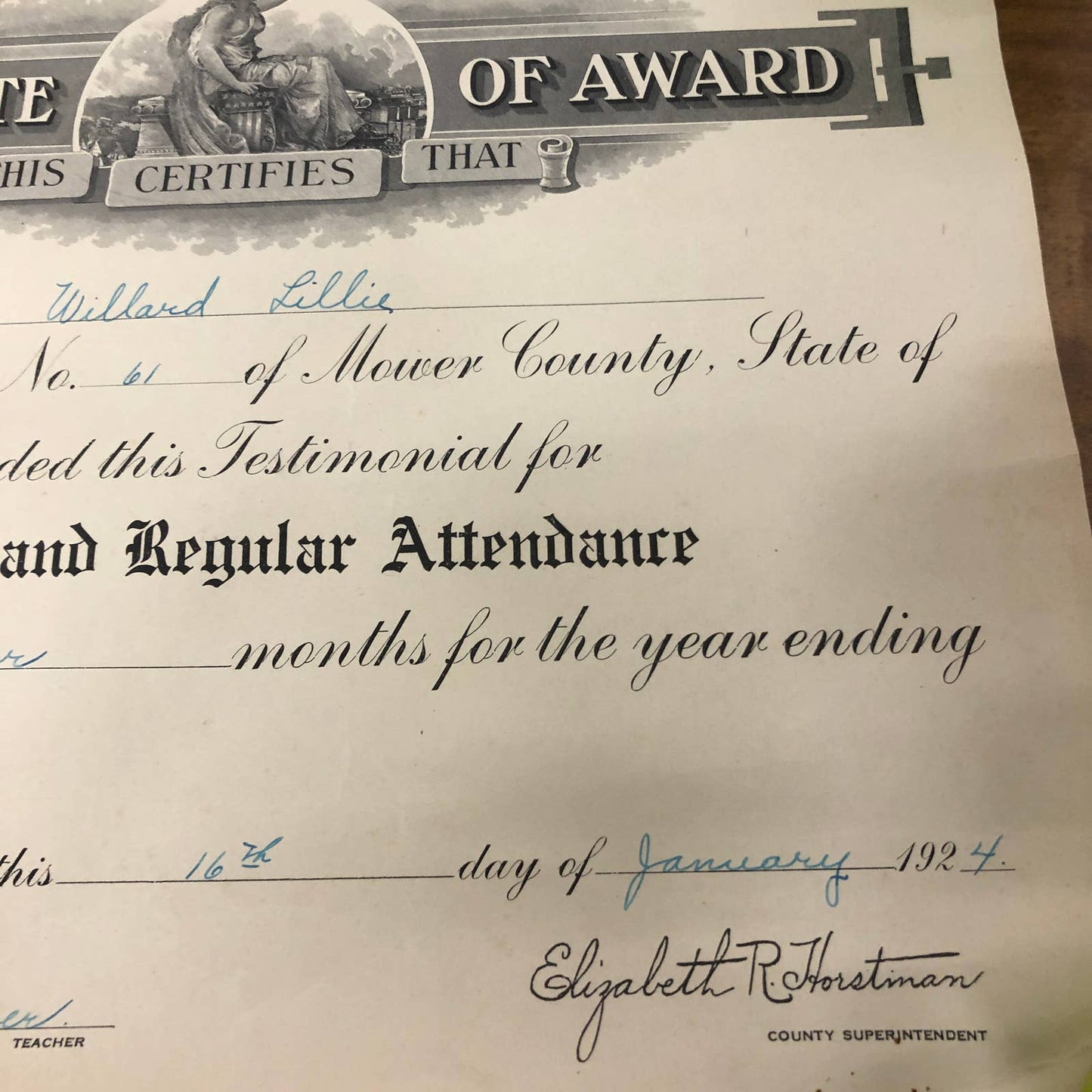 1924 Punctual Regular Attendance Certificate Award Willard Lillie Austin MN RU1