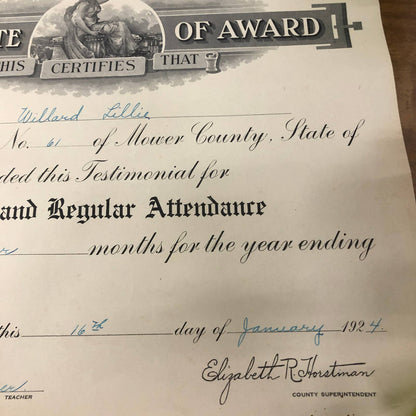 1924 Punctual Regular Attendance Certificate Award Willard Lillie Austin MN RU1