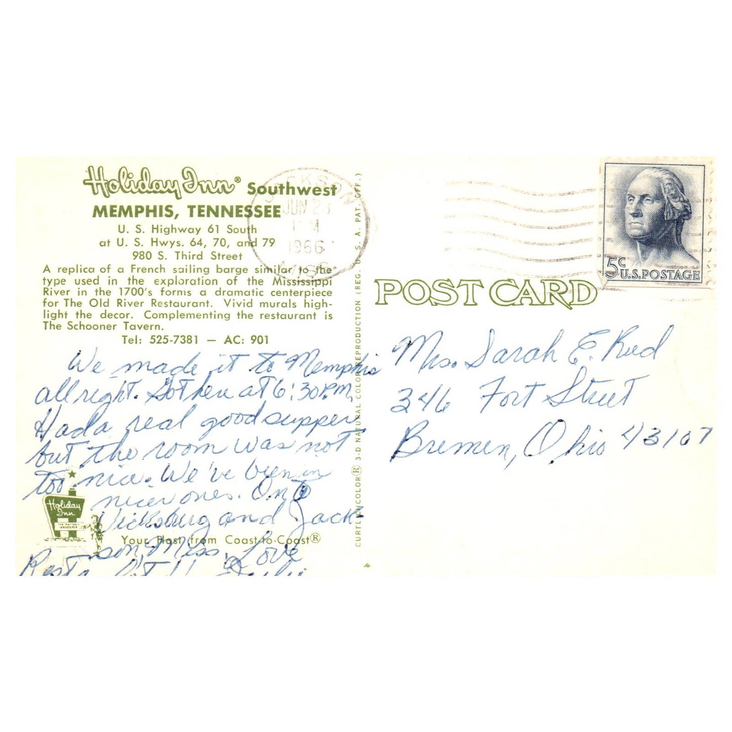 Vintage Postcard The Old River Restaurant Interior Holiday Inn Memphis TN TJ6-1