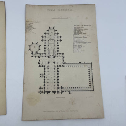 1836 Original Art Engraving Wells Cathedral North East View Floor Plan & Bio TG6