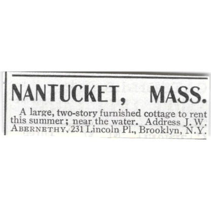 Nantucket MA Cottage For Rent J.W. Abernethy - 1903 Original Ad TJ8-7-4