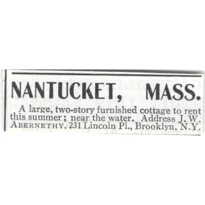 Nantucket MA Cottage For Rent J.W. Abernethy - 1903 Original Ad AK5-S31
