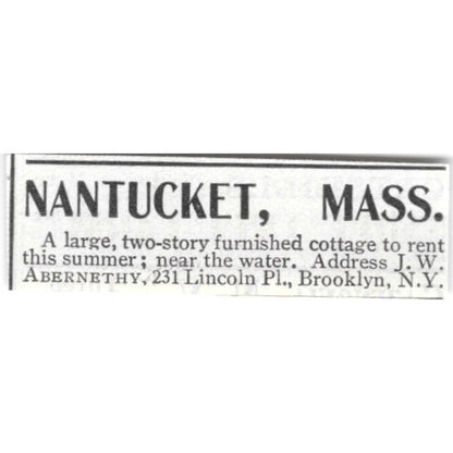 Nantucket MA Cottage For Rent J.W. Abernethy - 1903 Original Ad AK5-S31