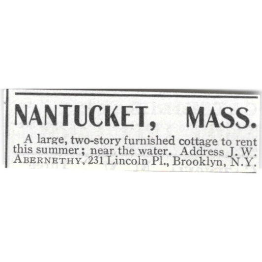 Nantucket MA Cottage For Rent J.W. Abernethy - 1903 Original Ad AK5-S31