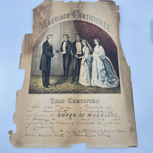 1883 Currier & Ives Tinted Engraving Marriage Certificate Frederick MD FL1