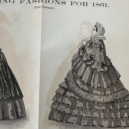 1861 Women's Spring Fashions 3 Page Engraving Fold Out Godey's Lady's Book D4-8