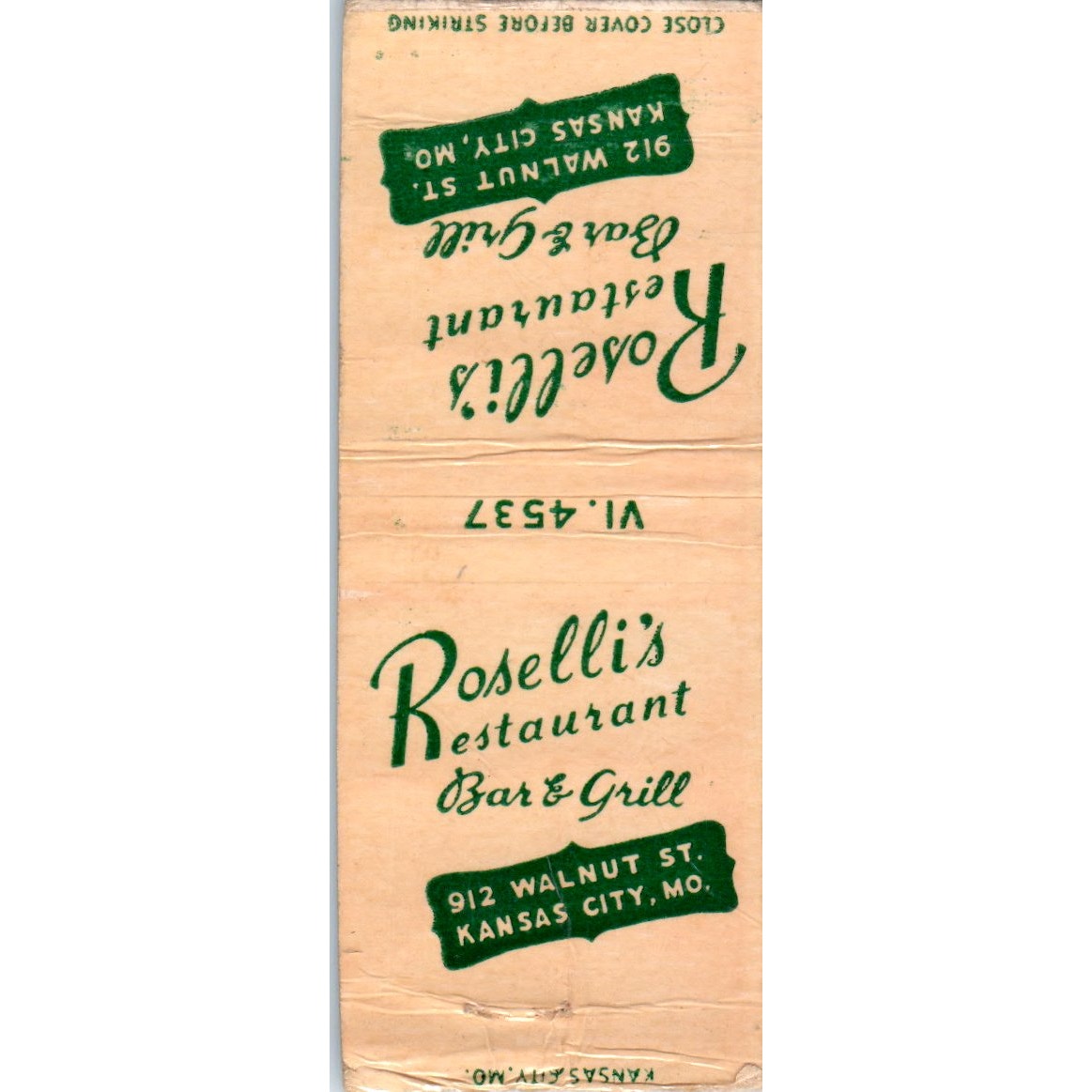 Roselli's Restaurant Bar & Grill Kansas City MO Advertising Matchbook MM9-5
