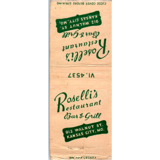 Roselli's Restaurant Bar & Grill Kansas City MO Advertising Matchbook MM9-5
