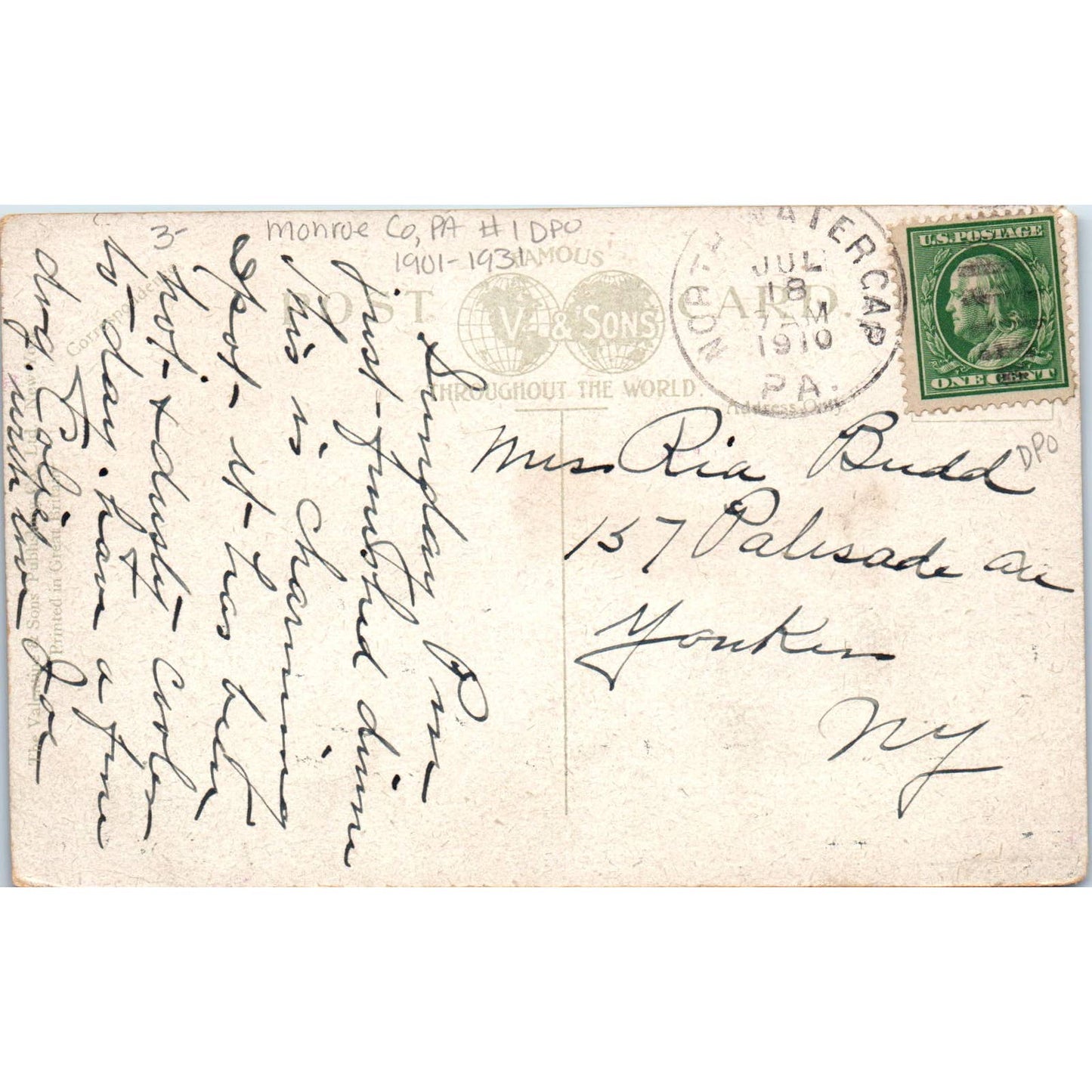 Delaware Water Gap PA 1910 - Original Postcard TJ7-RP1