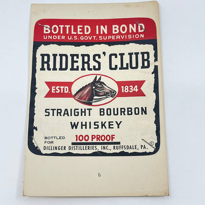 Riders’ Club Bourbon Whiskey Label Dillinger Distilleries Ruffsdale PA