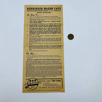 1940s Bernardin Mason Caps Canning Instructions Leaflet Fold Out D3