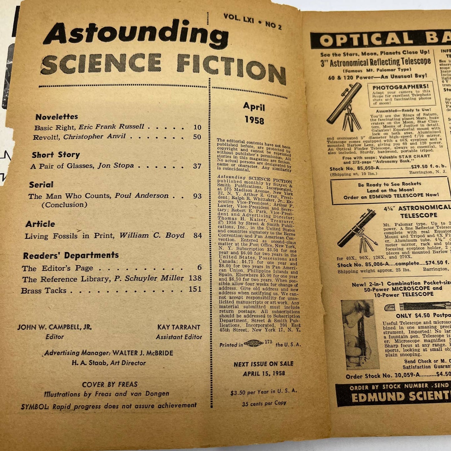 Astounding Science Fiction Magazine Vol 61 No2 April 1958 Eric Frank Russell TC1