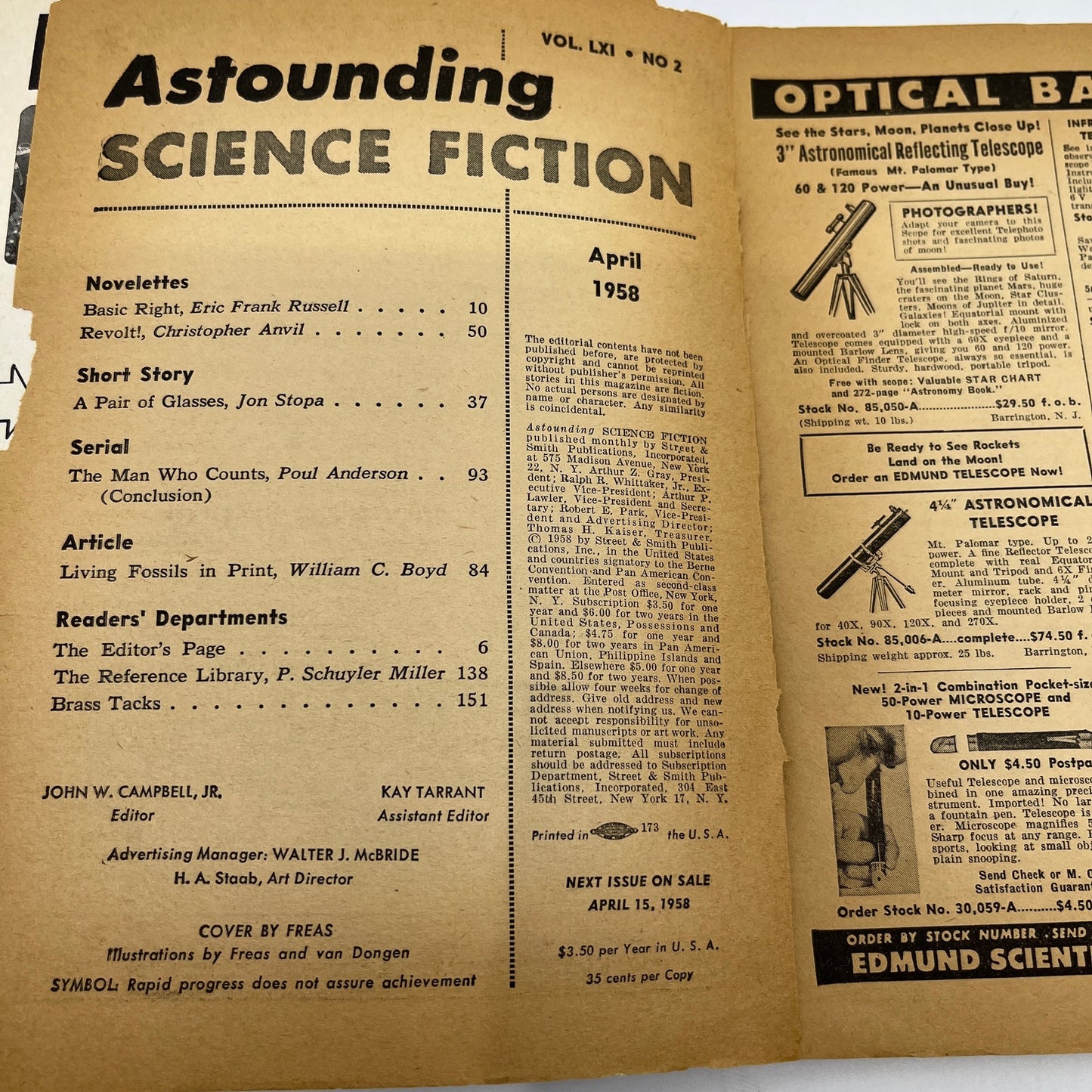 Astounding Science Fiction Magazine Vol 61 No2 April 1958 Eric Frank Russell TH9