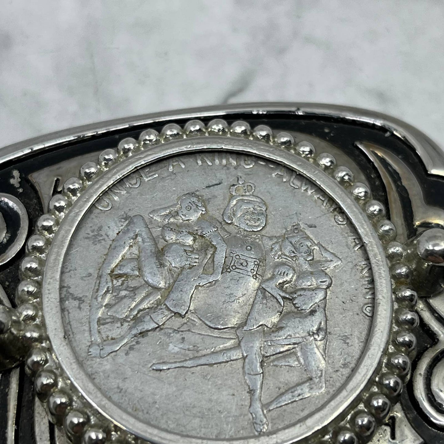 Vtg Belt Buckle- Coin Mount Style - Silver Tone - Once a King, Always a King SE7