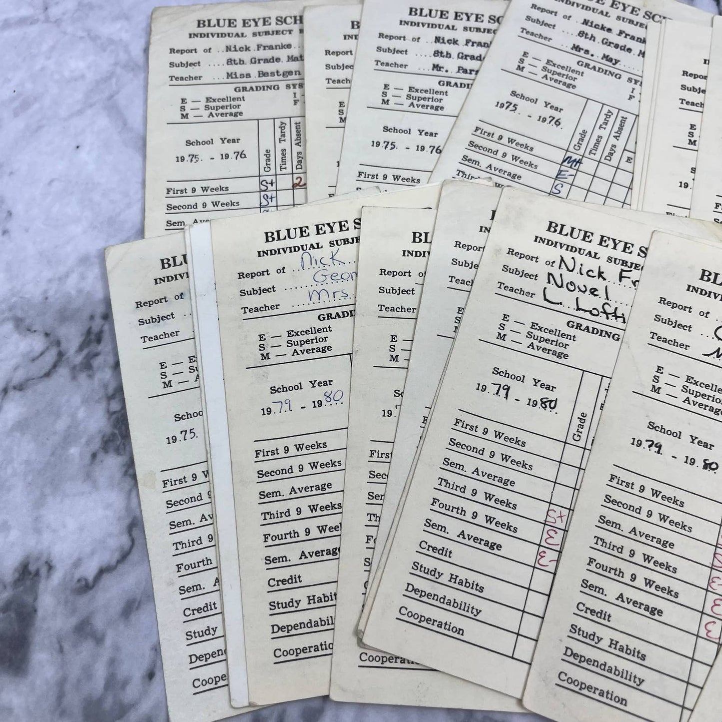 1973-80 Report Card Lot Nick Franke Blue Eye School MO EA4