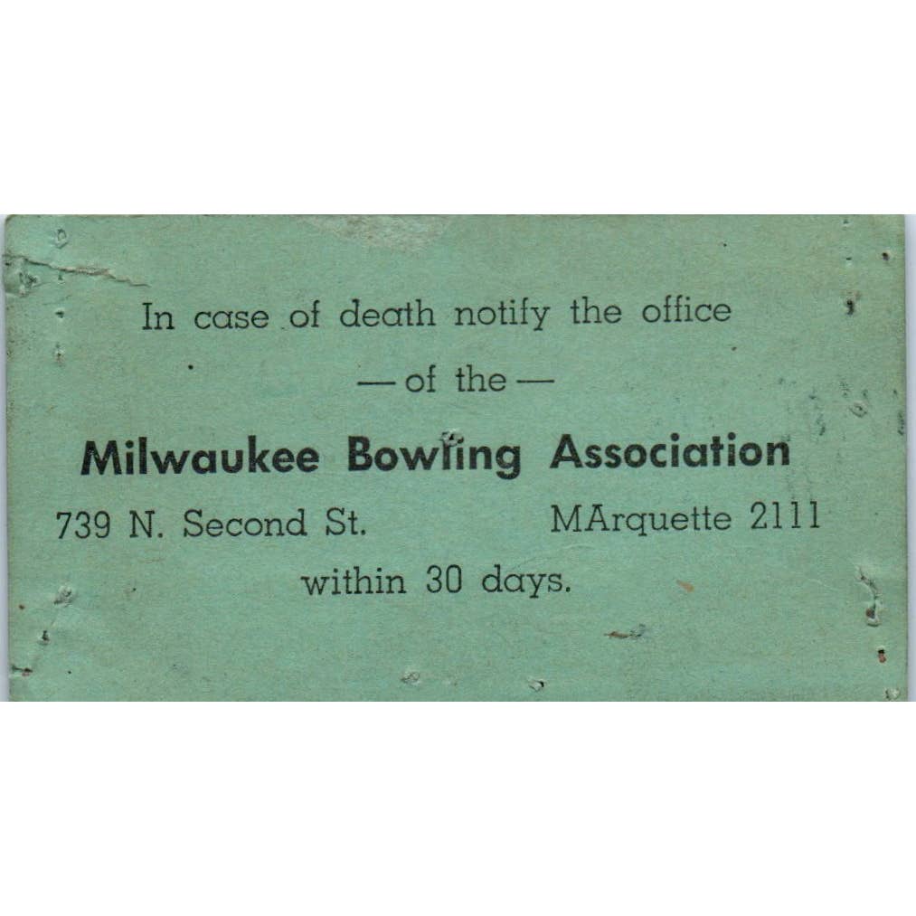 1945 Milwaukee Bowling Association Membership Card Carl W. K. Anderson SE5-9