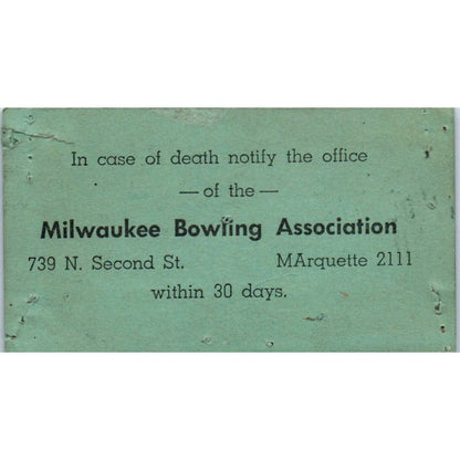 1945 Milwaukee Bowling Association Membership Card Carl W. K. Anderson SE5-9