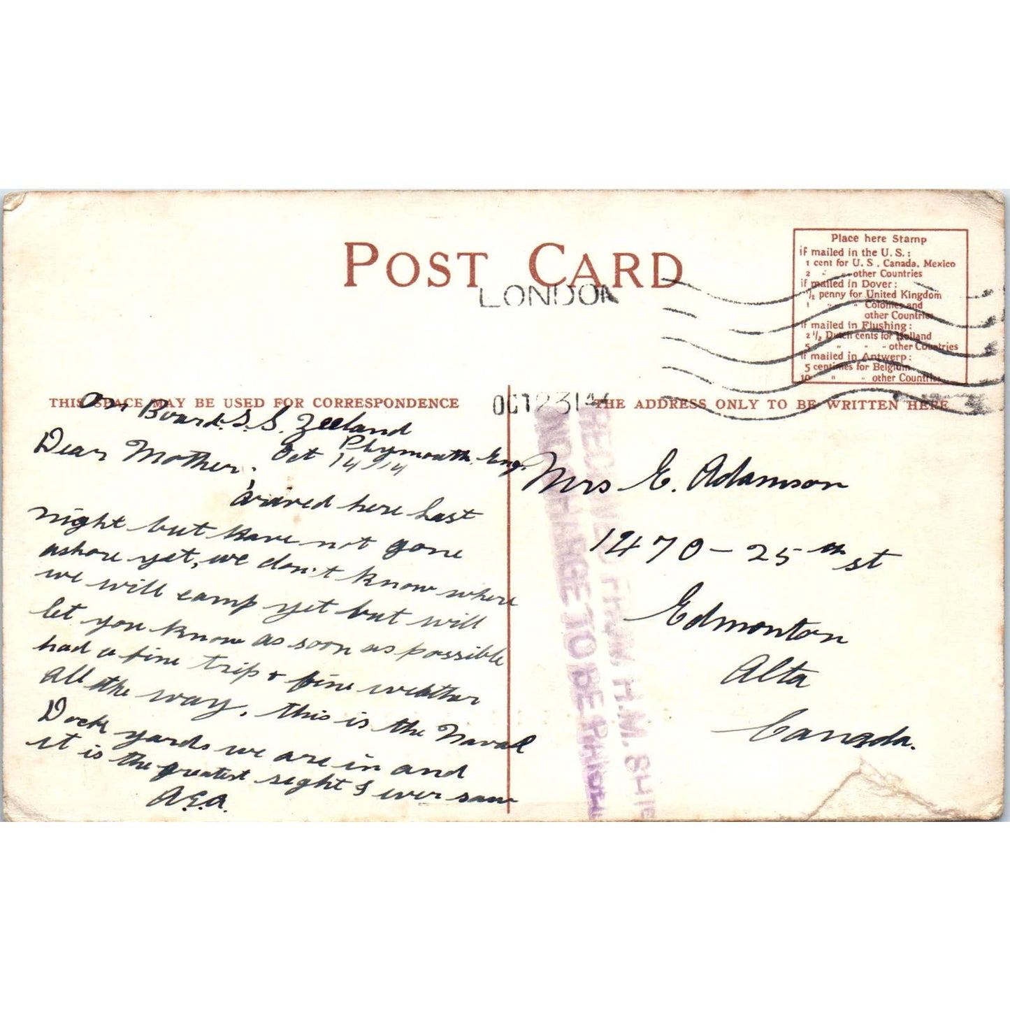 Red Star Line Steamships SS Zeeland 1914 - Original Postcard TJ9-P1