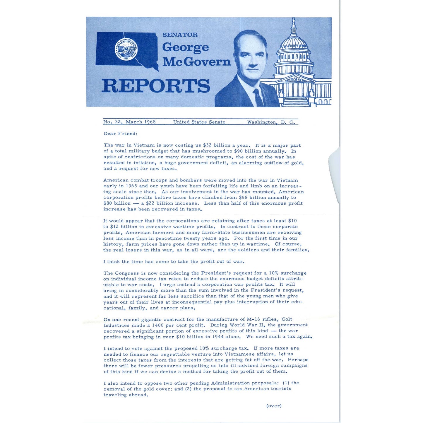 Senator George McGovern Reports Newsletter March 1968 Original TK1-P7