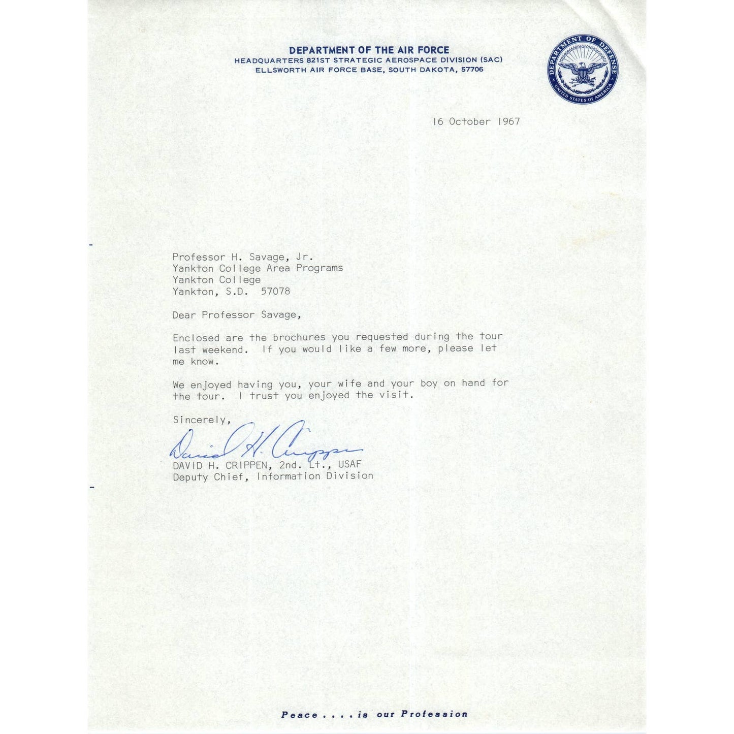 Department of the Air Force Letterhead Memo David H. Crippen 1967 TK1-P7