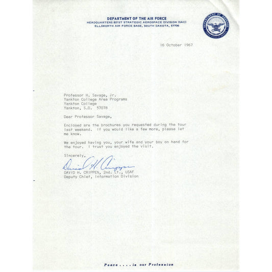 Department of the Air Force Letterhead Memo David H. Crippen 1967 TK1-P7